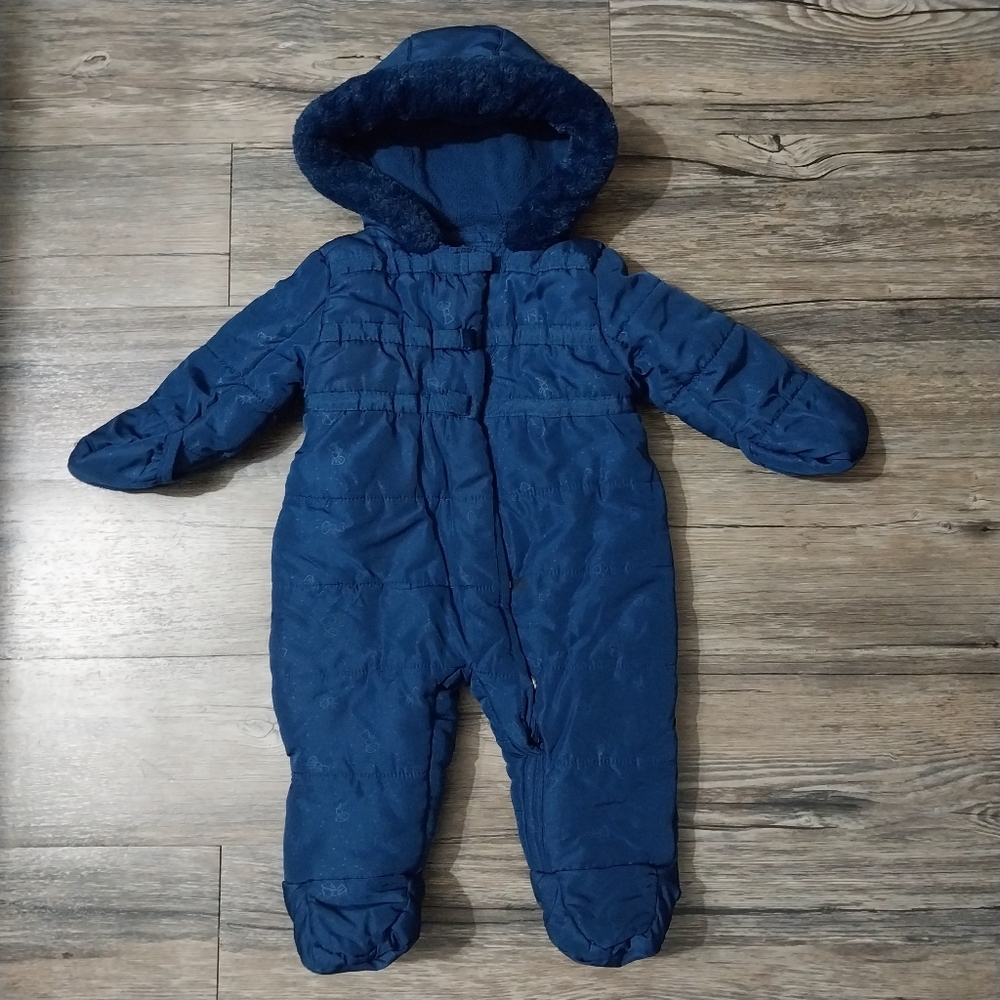 Tahari Infant Girl Blue Puffer Snowsuit Footed Hooded Fleece Lined Size 6-9M